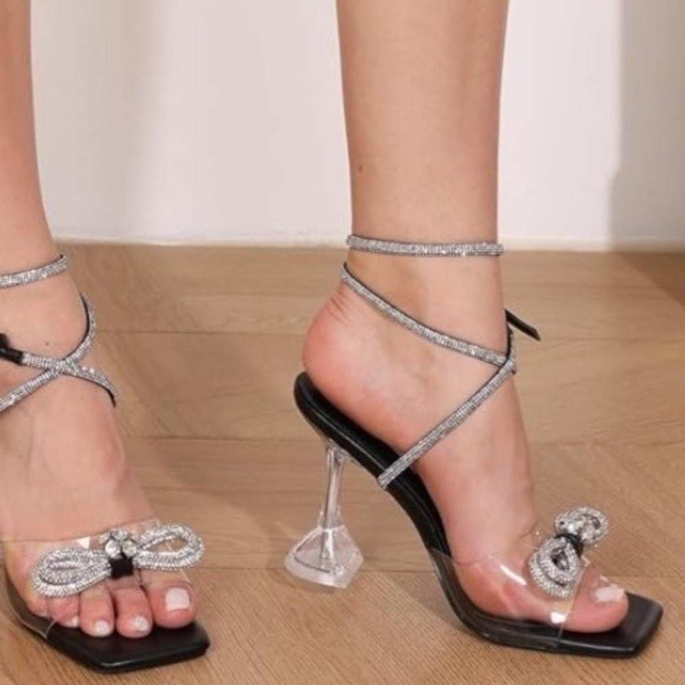 Zzheels Black Rhinestone Bow Clear Architectural‎ Heel Ankle Strap Sandals 9.5